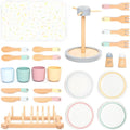 UMU® Large Wooden Dish Set – 28-Piece Tableware for Kids' Play Kitchen with Plates, Cups, Cutlery & Drying Rack – Pretend Play Kitchen Accessories for Children Ages 3 4 5 6
