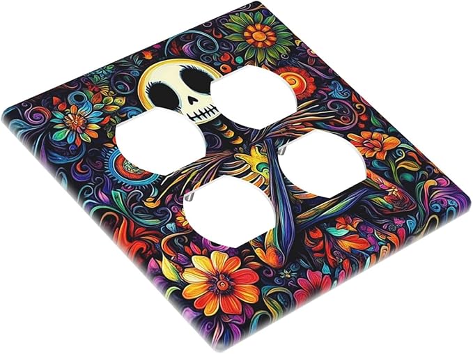 Outlet Covers Colorful Flowers Abstract Skull 2 Gang Double Duplex Decorative Light Switch Covers Electrical Wallplates Socket Faceplate For Home Living Room Decor