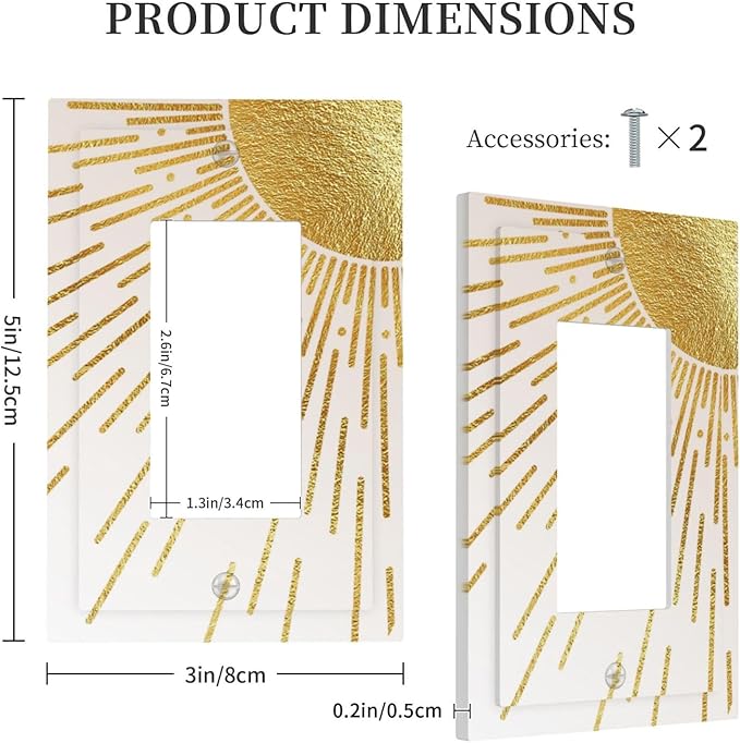 Mid Century Boho Gold Sun Abstract Sunrise Decorative Outlet Covers 1 Gang Single Rocker Light Switch Cover Plate Wall Plates GFCI Faceplate for Kids Room Home Decor