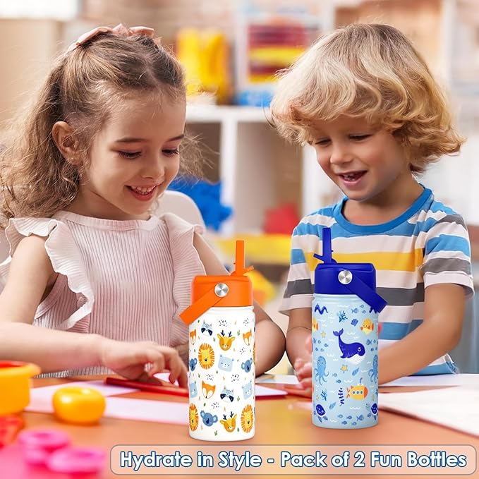 Kid Water Bottle 12oz with Straw Lid - 2-Pack Insulated Stainless Steel Water Bottles for Kids Girls - Travel Cup for Back to School Sports Christmas Birthday (Animals & Sea Animals)