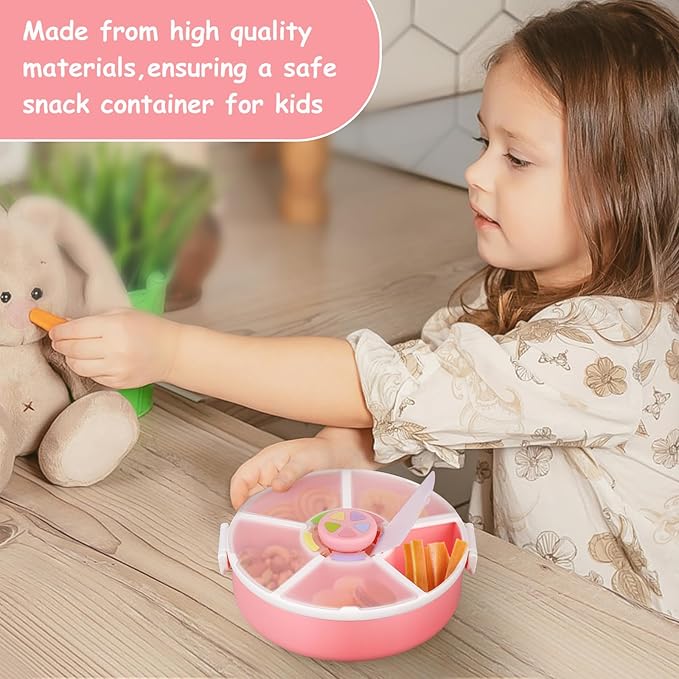 JOOPETALK Kids' Rotating Snack Container Set – 2-Pack, Includes 1 Rotating Snack Container & 1 Round Sectioned Snack Box, BPA-Free, Dishwasher Safe, Perfect for Travel-Pink