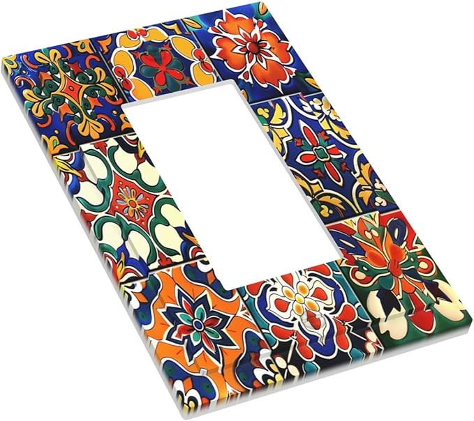 Decorative Outlet Covers Colorful Mexican Talavera Vintage Boho Floral 1 Gang Single Rocker Light Switch Cover Plate Wall Plates Gfci Faceplate For Farmhouse Cabin Decor