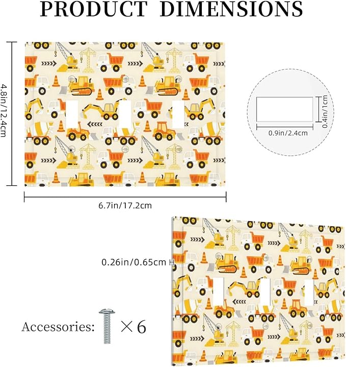 Decorative Light Switch Cover Plate Construction Vehicle Yellow Trucks Diggers 3 Gang Wall Plates for Electrical Triple Toggle Switch Plate Covers Outlet Covers Faceplate for Home Decor