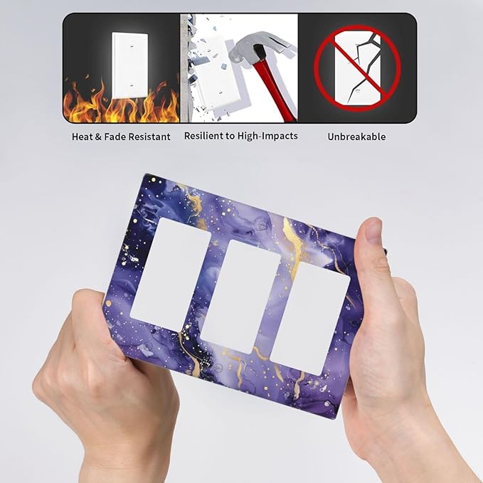 Decorative Outlet Covers Modernity Abstract Purple Golden Marble 3 Gang Wall Plate Triple Rocker Switch Light Switch Plate Covers Jumbo Electrical GFCI Switch Cover Plate