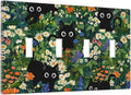 Cute Black/Green Cats Decorative 4-Gang Quad Toggle Light Switch Wall Plate Cover, Nursery Playroom Summer Floral Flower Jungle Quadruple Toggle Device Switches Wall Plate Outlet Covers Standard Size