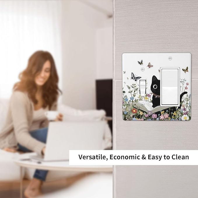 Outlet Covers Cute Cat Wildflowers Boho Flowers Floral 1 Toggle 1 Rocker Combination Decorative Wall Plate Electrical Switch Plates Light Switch Cover Plate For Nursery Kids Room Decor