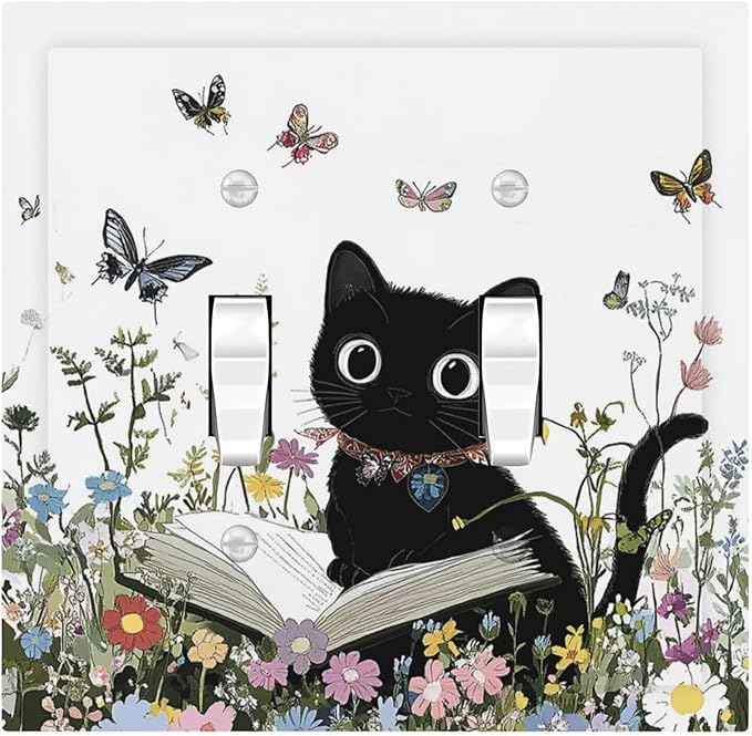 Decorative Switch Plates Cute Cat Wildflowers Boho Flowers Floral 2 Gang Double Toggle Outlet Light Switch Cover Wall Plate Electrical Faceplate For Nursery Kids Room Decor
