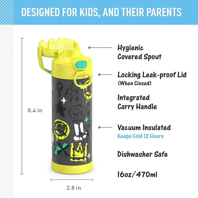 THERMOS FUNTAINER 16 Ounce Stainless Steel Vacuum Insulated Bottle with Wide Spout Lid, Graffiti Boy