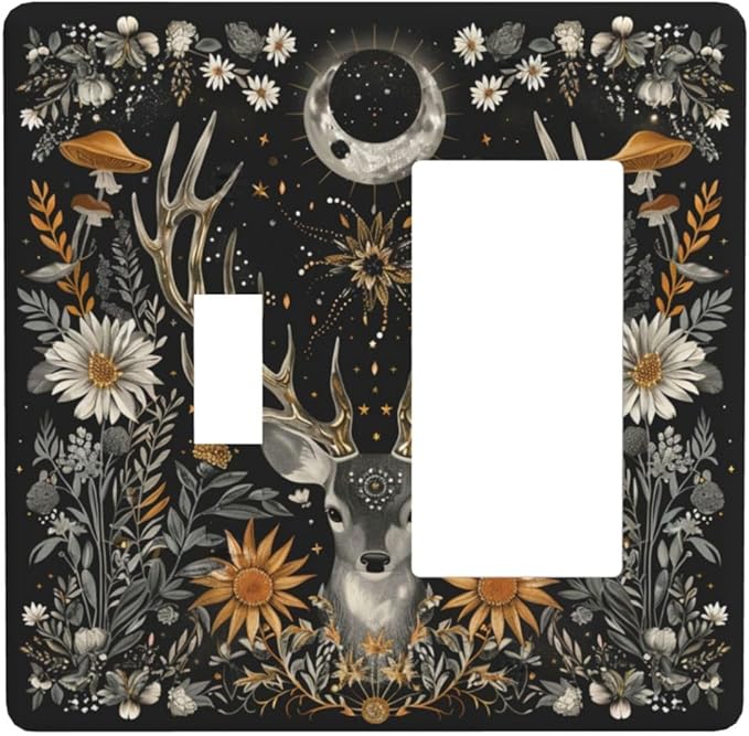 Light Switch Cover Plate Vintage Deer Flowers Moon Natural Plants Floral 2 Gang Combo Wall Plates Toggle Rocker Decorative Switch Plates and Outlet Covers for Bathroom Bedroom Decor