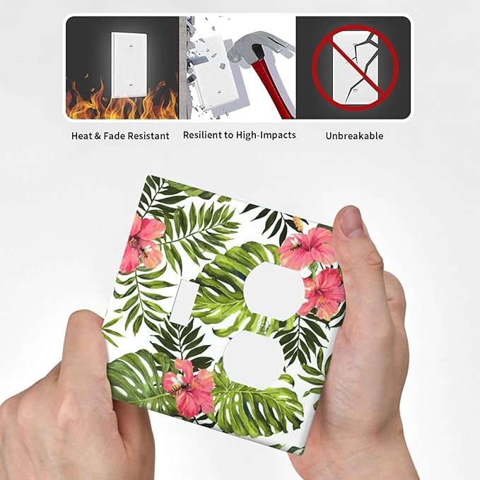 Outlet Covers Tropical Plant Green Palm 2 Gang Combination 1 Toggle/1 Duplex Light Switch Cover Decorative Gfci Wall Plate Electrical Receptacle Switchplate Faceplate for Bathroom Decor