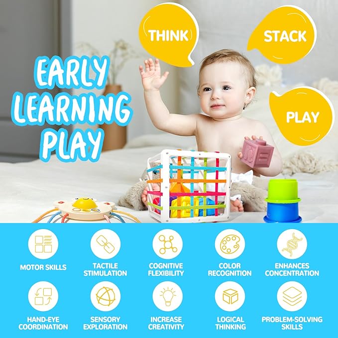 Montessori Toys for Babies 0-3-6-12 Months, 6 in 1 Baby Toys 4 5 6 7 8 9 Month Old, Baby Blocks Stacking Toys, Infant Baby Sensory Development Learning Toys Gifts for 1 2 3 Year Old Boys Girls