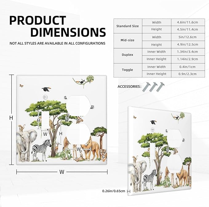 Large Animals Elephant Giraffe Jungle Lion Leopard Zebra Wallplates 1 Toggle 1 Duplex Switch Plate Electrical GFCI Faceplate Decorative Light Switch Covers for Kids Room Nursery Decor