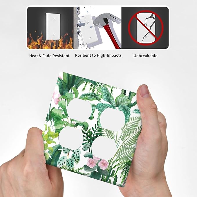 Tropical Palm Leaves Green Jungle Botanical Floral Flowers Outlet Covers 2 Gang Double Duplex Decorative Light Switch Covers Electrical Wallplates Socket Faceplate for Bedroom Living Room Decor