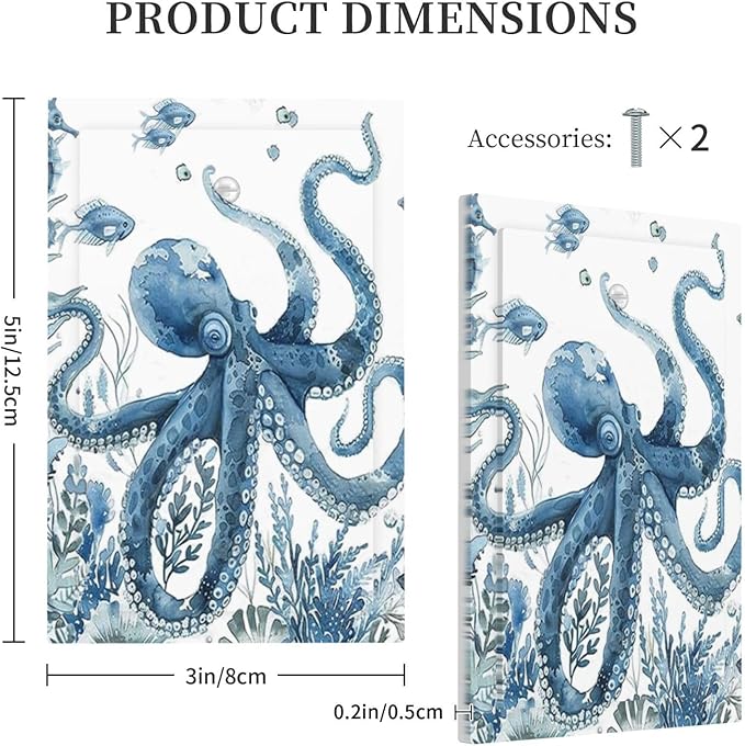 Blue Octopus Squid Seahorse Coral Watercolor Wild Sealife Light Switch Cover Plate 1 Gang No Device Blank Electrical Wall Plates Faceplate Decorative Switch Plate for Bathroom Kids Room Decor