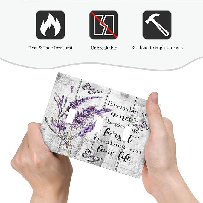Light Switch Cover Purple Lavender Flower Butterfly on Wood Plank 3 Gang Wall Plate Triple Light Switch Plate Inspirational quotation Floral Toggle Decorative Outlet Covers Electrical Switchplate