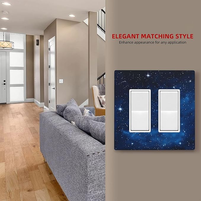 Outlet Covers Galaxy Starry Sky Universe Sparkle Stars 2 Gang Double Rocker Light Switch Cover Plate Decorative Wall Plate GFCI Socket Cover Electrical Switch Plate Covers for Bathroom Bedroom