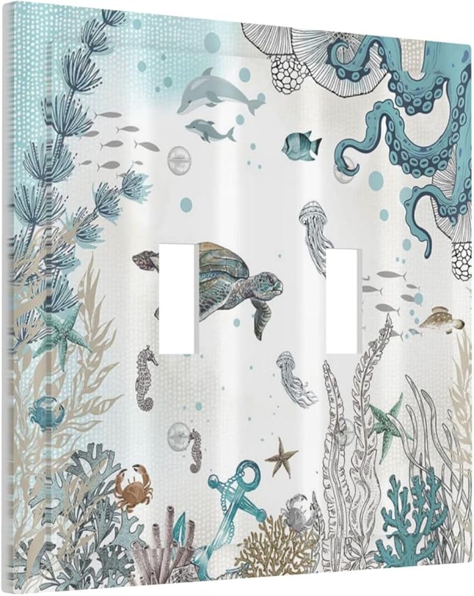 Sea Turtle Octopus Ocean Underwater Animal Double Toggle Light Switch Covers Decorative Unique 2 Gang Wall Plate Dual Electrical Faceplate Switchplate for Kitchen Bathroom Bedroom Decor