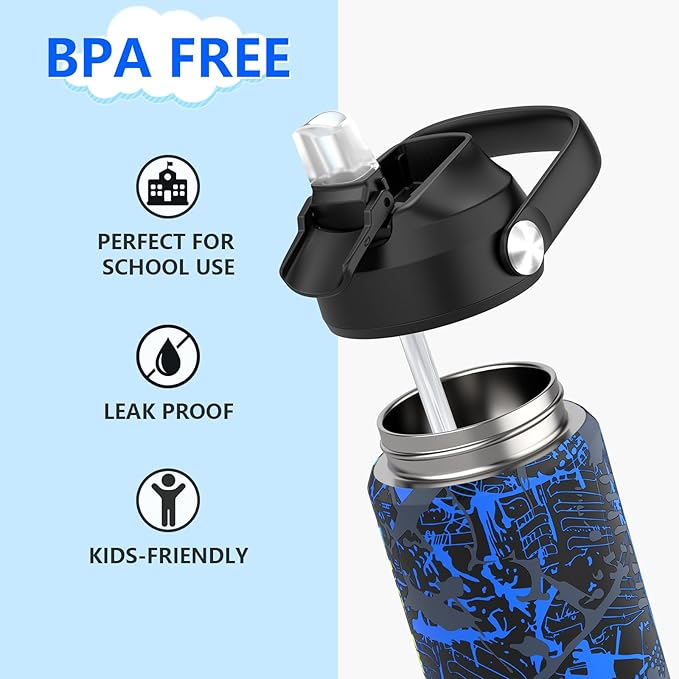 Boys Water Bottle with Straw,18 oz Kids Insulated Cups with Stainless Steel Leak Proof for School,Sport&Travel（Geometry-Blue）