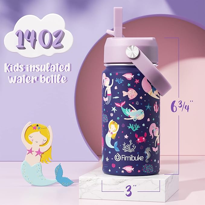 Fimibuke Kids Insulated Water Bottle, 14oz BPA FREE 18/8 Stainless Steel Travel Tumbler Double Wall Vacuum Leak Proof Kids Cup with Straw Metal Water Bottle for School Boys Girls(1 Pack, MERMAID)