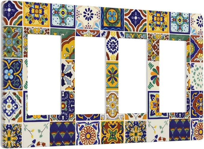 Yellow Mexican Moroccan Sun Tile 4 Gang Quad Rocker Light Switch Cover Decorative Quadruple Device GFCI/Decorator Wall Plate Electric Faceplate Screwless