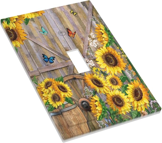 Rustic Sunflower Barn Door Country Wood Plank 1 Gang Light Switch Covers Decorative Single Toggle Wall Plate Switchcover Electrical Switchplate for Farmhouse Bathroom Bedroom Decor