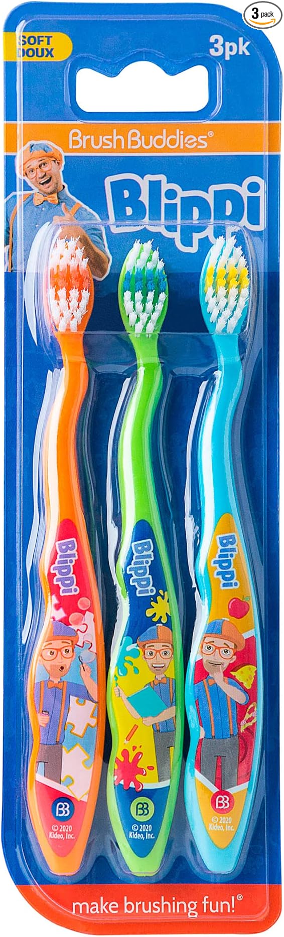 Brush Buddies Blippi Kids Toothbrushes 3 Pack, Soft Bristles for Toddlers Ages 2+, Easy Grip Handles, Blue Yellow Orange Toothbrush Set, Fun Blippi Design, Kids Oral Care
