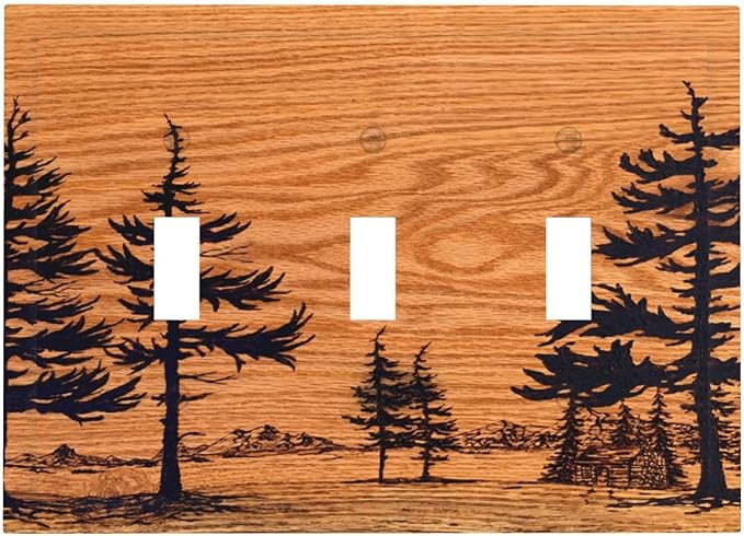 Pine Forest Natural Scenery Silhouette Wood Grain Decorative Switch Plates 3 Gang Wall Plate Triple Toggle Light Switch Cover Faceplate Electrical Wall Panels for Farmhouse Home Decor