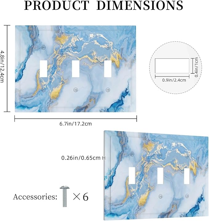 Beautiful Marble Texture Blue Gold Fluid Abstract Print Decorative Switch Plates 3 Gang Wall Plate Triple Toggle Light Switch Cover Faceplate Electrical Wall Panels for Bedroom Bathroom Decor