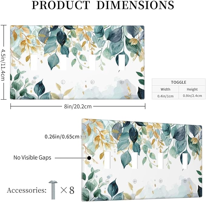 Boho Goldgreen Leaf Botanical Eucalyptus Leaves Light Switch Covers Quad Toggle Electrical Faceplate 4 Gang Wall Plate Decorative Switch Plates for Bedroom Living Room Decor