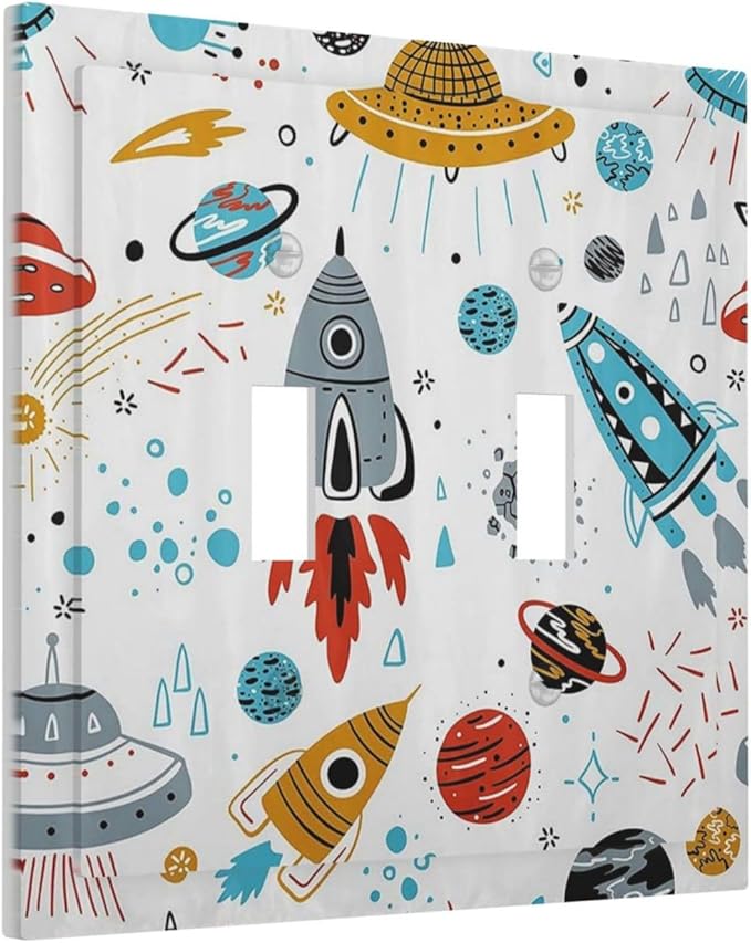 Cartoon Space Rocket Boys Universe Planet Double Toggle Light Switch Covers Decorative Unique 2 Gang Wall Plate Dual Electrical Faceplate Switchplate for Nursery Kidroom Living Room Decor