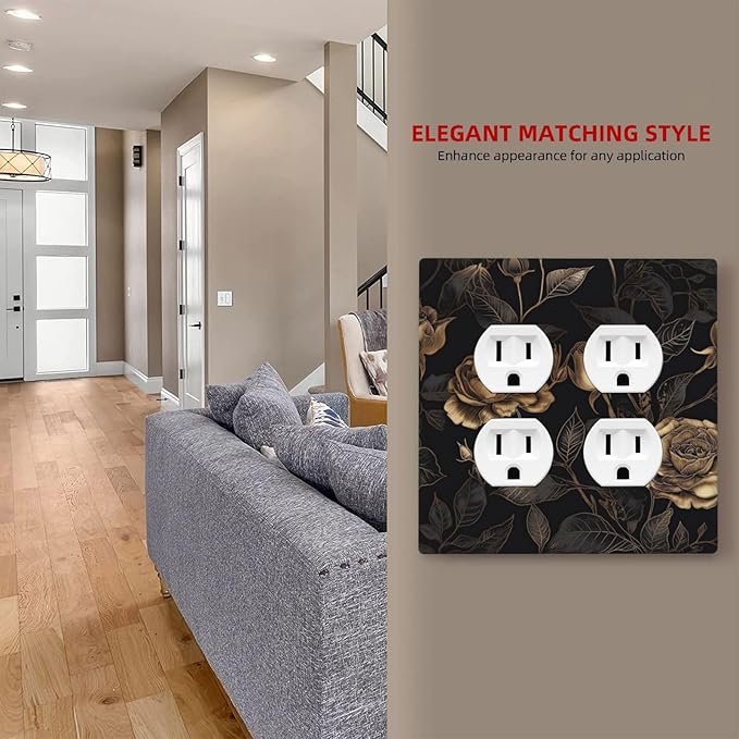 Black Floral Dark Vintage Gold Rose Flower Outlet Covers 2 Gang Double Duplex Decorative Light Switch Covers Electrical Wallplates Socket Faceplate for Bedroom Living Room Decor
