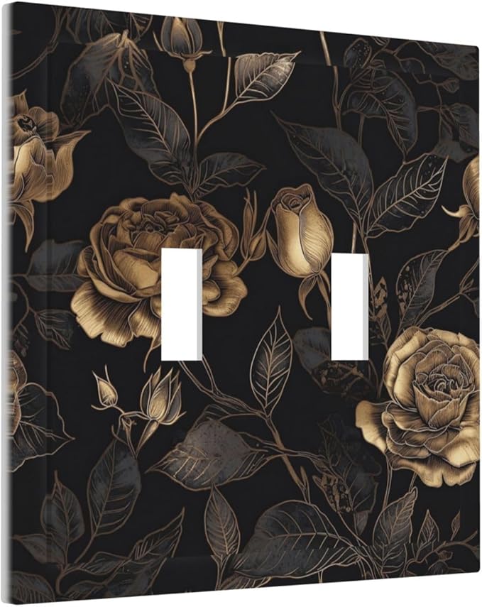 Black Floral Dark Vintage Gold Rose Flower Decorative Switch Plates 2 Gang Double Toggle Outlet Light Switch Cover Wall Plate Electrical Faceplate for Bedroom Living Room Decor