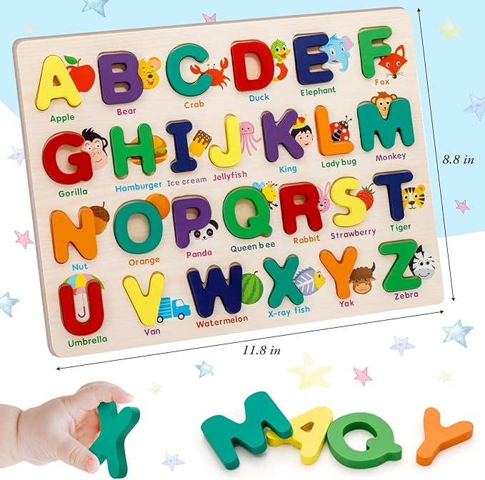Alphabet Puzzle Wooden Puzzles for Toddlers, ABC Shape Learning Toddler Toys with Board & Letter Blocks, Preschool Educational Toys for Girls Boys, Pattern Alphabet