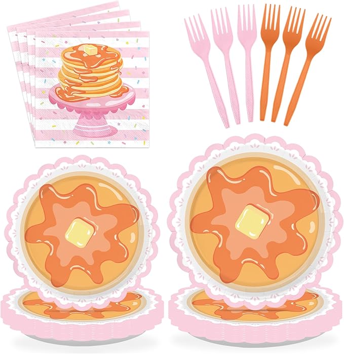 96 Pcs Pancakes and Pajamas Scalloped Party Supplies Pajama Brunch Birthday Plates and Napkins Pink Night Sleepover Tableware Set for Girl Brunch Slumber Birthday Party Supplies, Serves 24
