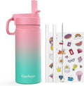 Kids Water Bottle, 16oz Kids Water Bottle with Stickers for School, insulated Stainless Steel Straw Cup(Pink/Green)