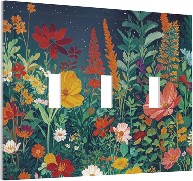 Decorative Switch Plate Cover with Wildflowers & Stars Botanical Floral Art Design 3 Gang Artistic Wall Plate Unique Triple Toggle Light Switch Covers for Garden Theme Wall Decor