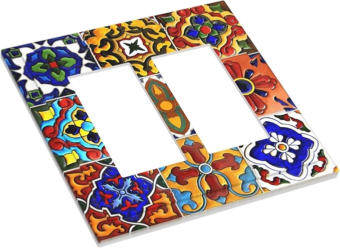 Vintage Colorful Boho Mexican Moroccan Tile Decorative Outlet Covers 2 Gang Double GFCI Rocker Electrical Wall Panels Light Switch Cover Plate for Farmhouse Home Decor