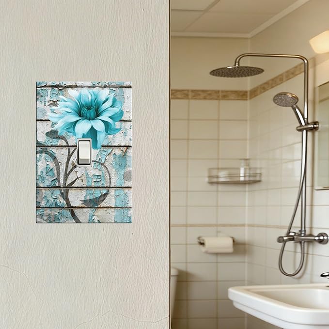 Vintage Floral 1-Gang Toggle Light Switch Plate, Rustic Farmhouse Teal Flower Distressed Brick Decorative Wall Plate for Bedroom Bathroom Decor