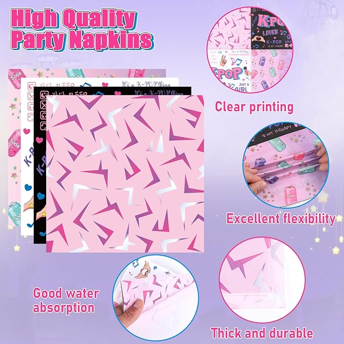 96pcs Kpop Party Paper Plates and Napkins Kpop Girl Party Decorations Music Star Disposable Dessert Plates Music Singer Demon Tableware Set Serves 24 Guests Boys Girls Kids Teenagers Birthday Supplies