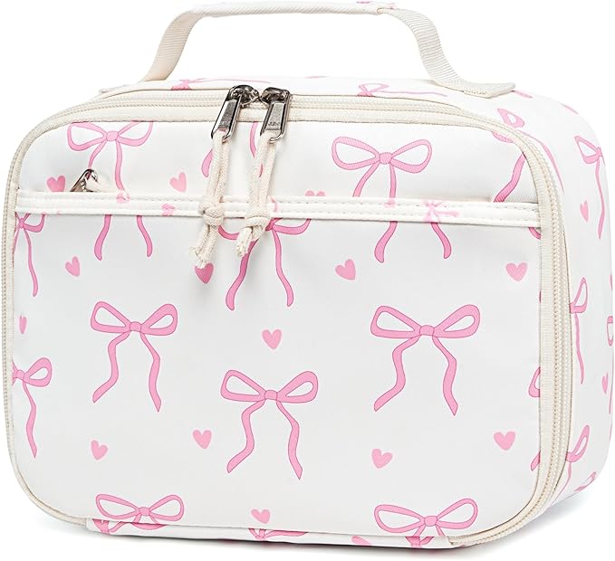 LOIDOU Insulated Lunch Bag for Kids Girls, Cute Bow Insulated Lunch Box Bag for Toddler, Womens Small Lunch Tote, Lunch Box Containers for School Work Picnic, Pink