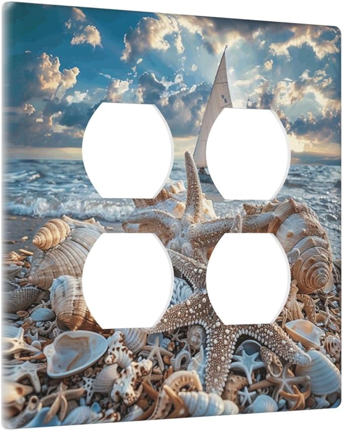 Decorative Outlet Covers Ocean Sea Beach Starfish Seashell Sailboat Sunset 2 Gang Wall Plate Double Duplex Light Switch Cover Switch Plate Covers Faceplate for Bedroom Home Decor