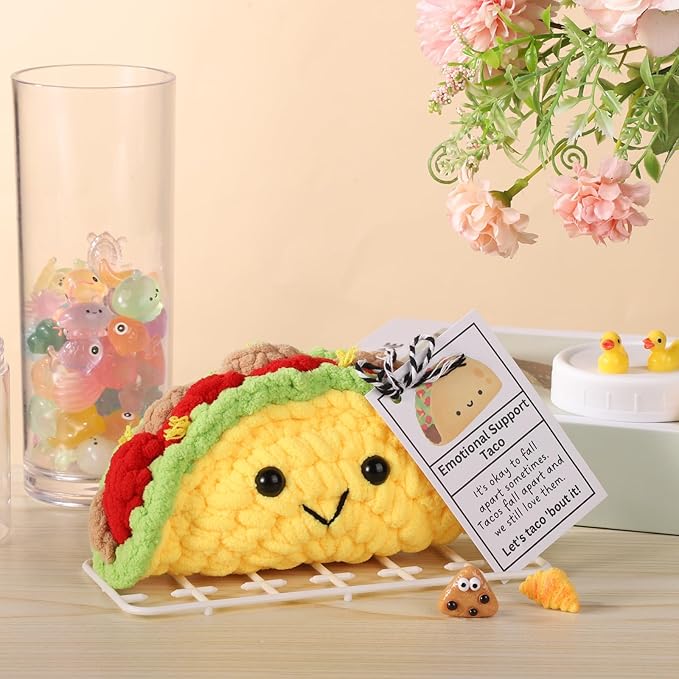 Emotional Support Taco, Crochet Emotional Support Plush, Handmade Taco Potato Toy Plush with Positive Words, Adorable Knitted Doll Inspirational Gift Encouragement Ornament for Friends and Family