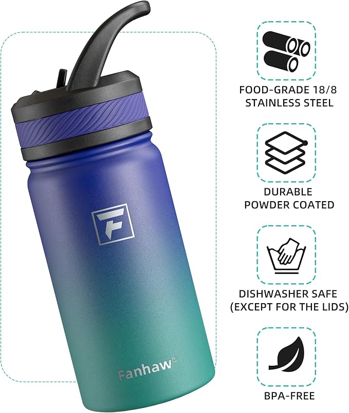 Fanhaw 14 Oz Kids Insulated Water Bottle with Straw Lid – Stainless Steel Double Wall Vacuum, Leak-Proof, BPA-Free Water Bottles for School Boys & Girls(Purple Green)