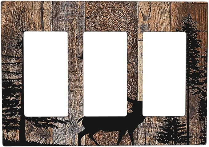 Light Switch Covers Rustic Forest Antler Elk Deer Silhouettes Animals Wood Grain 3 Gang Rocker Electrical GFCI Decorative Triple Outlet Wall Plate Cover Switchplate for Farmhouse Home Decor