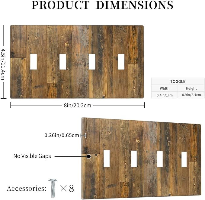 Brown Wood Vintage Rustic Old Board Light Switch Covers Quad Toggle Electrical Faceplate 4 Gang Wall Plate Decorative Switch Plates for Farmhouse Home Decor