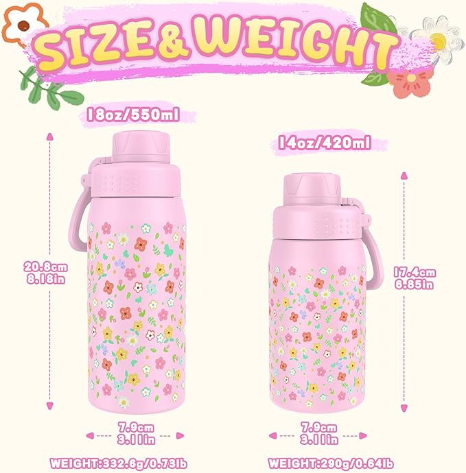 GOPPUS 19oz Kids Water Bottle with Spout Lid, Toddler Water Bottle, Stainless Steel Insulated Water Bottle, Leakproof, BPA Free, Suitable for Boys and Girls for School（Flowers）