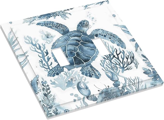 Blue Sea Turtle Coastal Coral Beach Crab Seaweed Decorative Switch Plates 2 Gang Double Toggle Outlet Light Switch Cover Wall Plate Electrical Faceplate for Kids Room Bathroom Decor