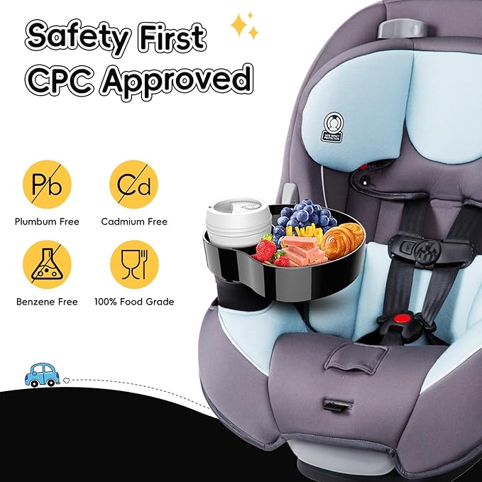 Kids Car Seat Tray, Travel Tray with Cup Holder for Toddler, Baby Car Seat Food Snack Organizer for Road Trip, Stroller snack tray travel must haves (Black 1 Pack)