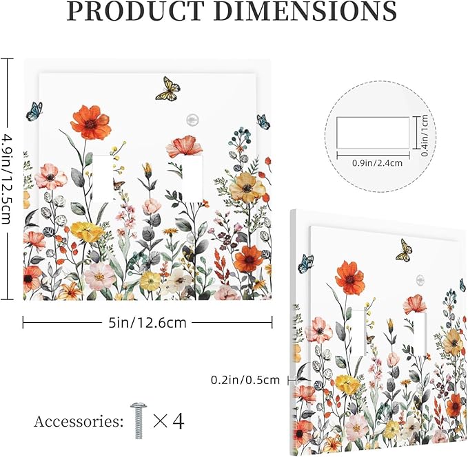 Spring Vibrant Wildflower Blossom Double Toggle Wall Plate Red Colored Country Vintage Floral Wild Butterfly Flowers Decorative 2-Gang Light Switch Cover Electrical Receptacle Outlet Face Plate Cover