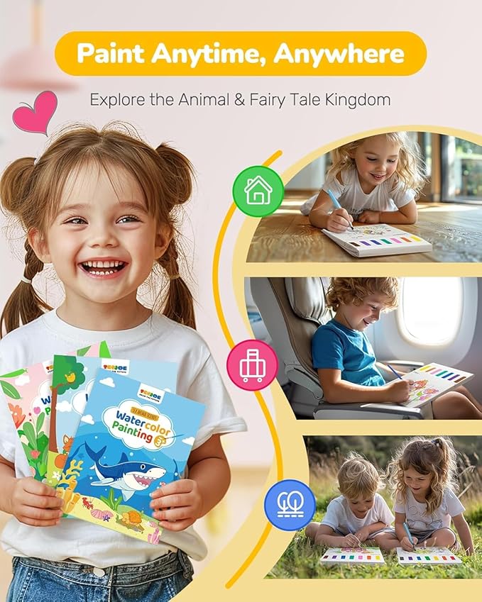 TECJOE 3 Pack Paint with Water Coloring Books for Toddlers, Mess Free Watercolor Painting Set with 6 Brushes, Travel Art Craft Toys Birthday Gifts for Kids Ages 3-8, Princess, Dinosaur & Forest